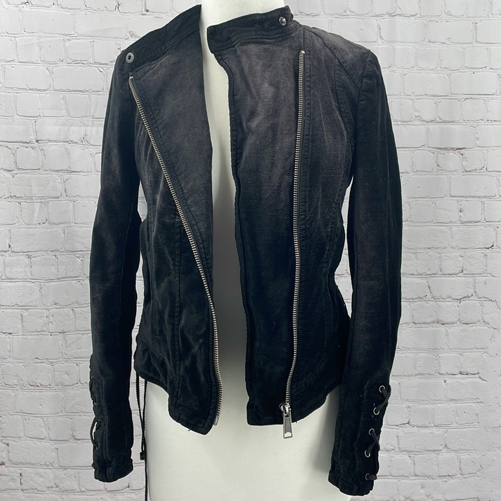 Steampunk Black Zip Up Lacey Velvet Moto Free People Biker Lace Up Small Jacket